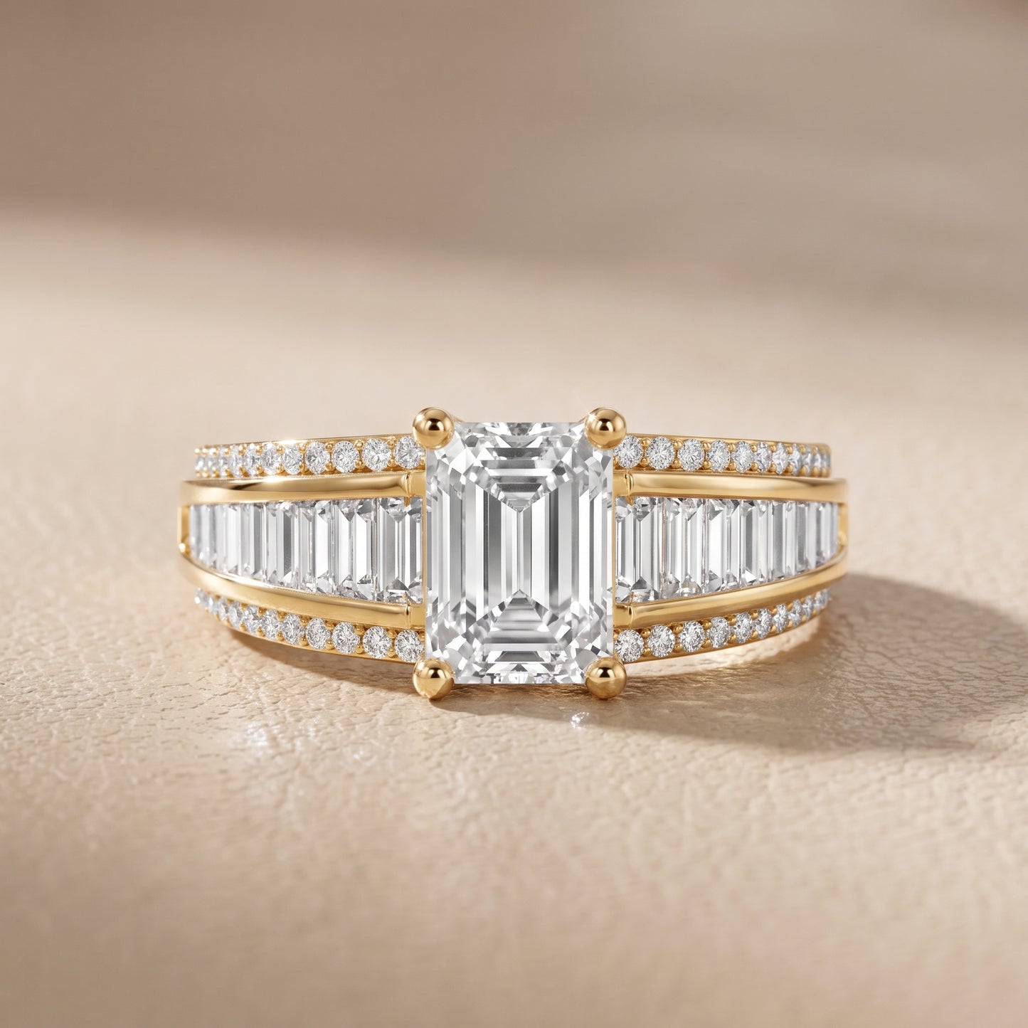 Halle Channel Set Baguette Accent Emerald Diamond Engagement Ring in Yellow Gold - front.jpg