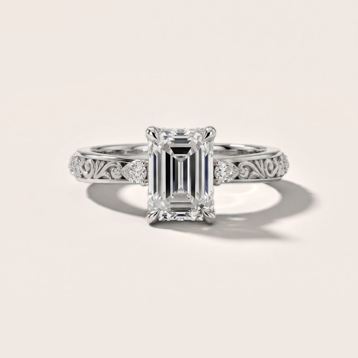 Siesta Three-Stone Engraved Emerald Diamond Engagement Ring in Silver - front.jpg