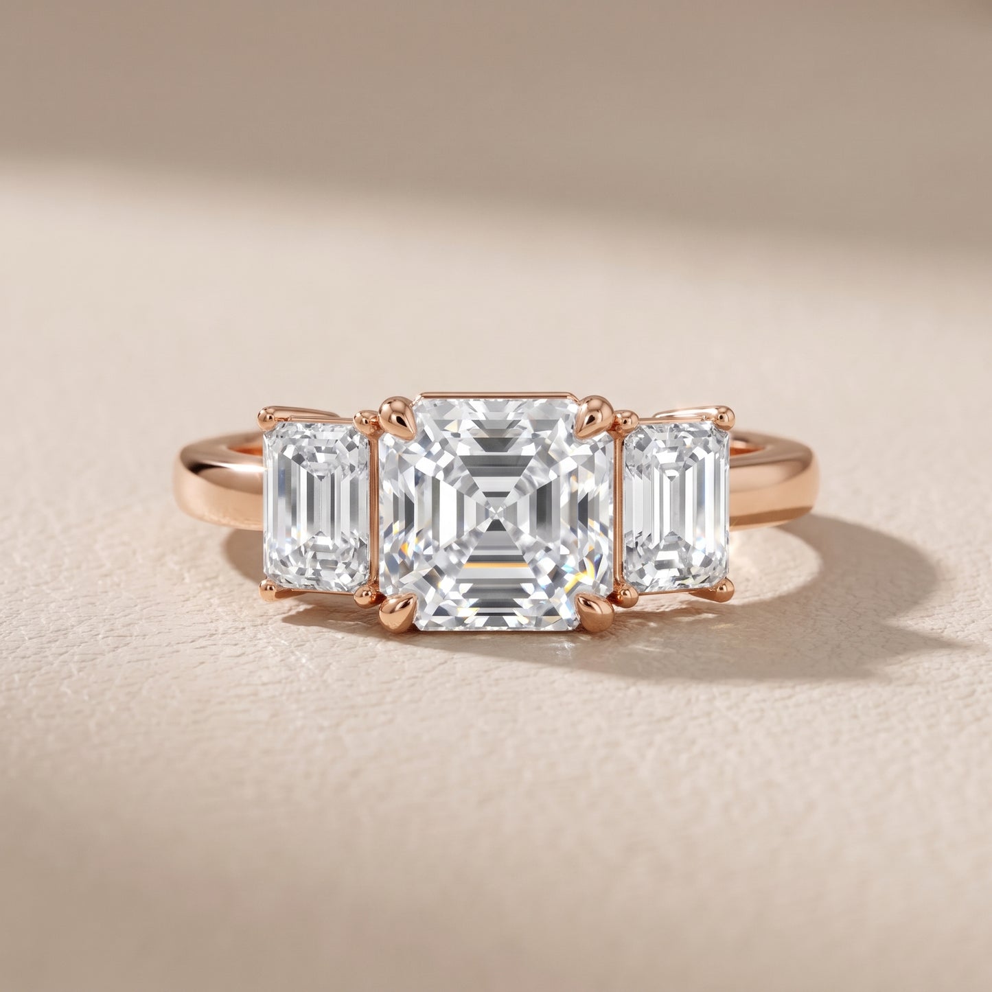 Zoe Three-Stone Asscher Diamond Ring in Rose Gold - front.jpg