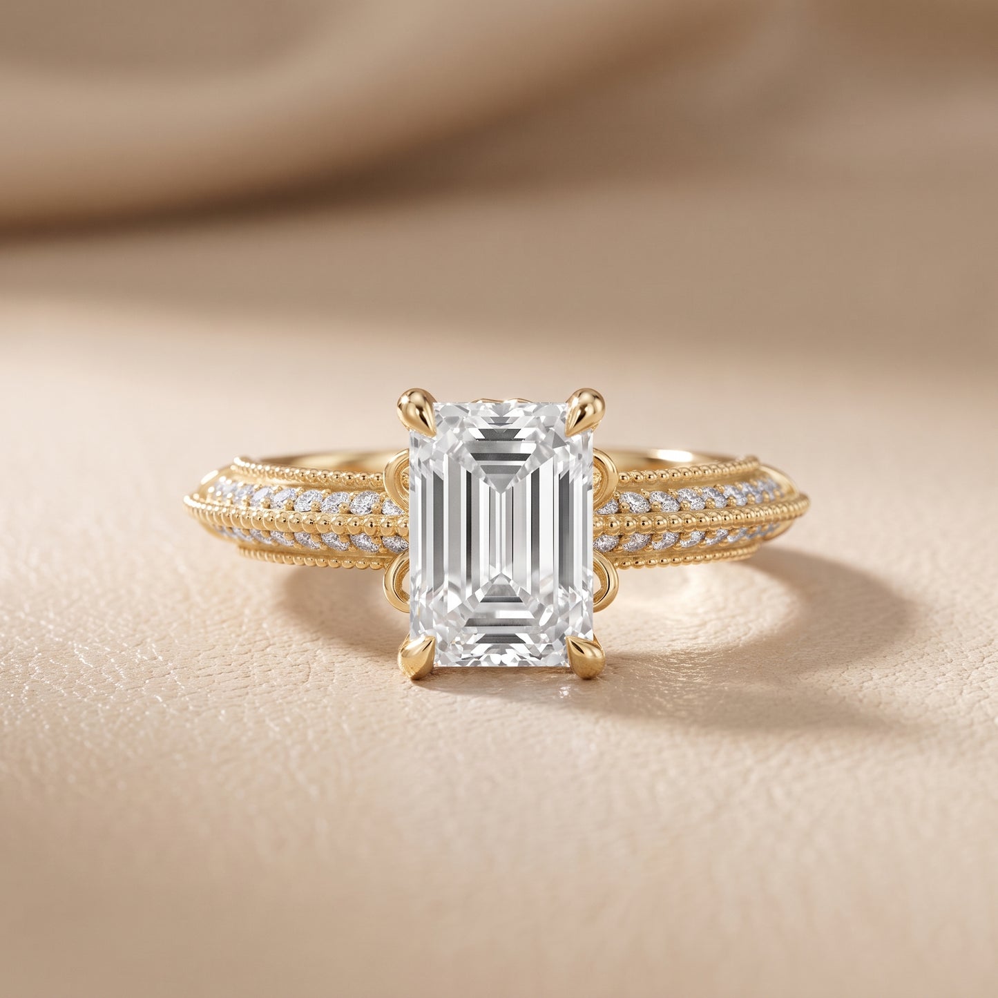 Indie Vintage Milgrain Emerald Diamond Engagement Ring in Yellow Gold - front.jpg