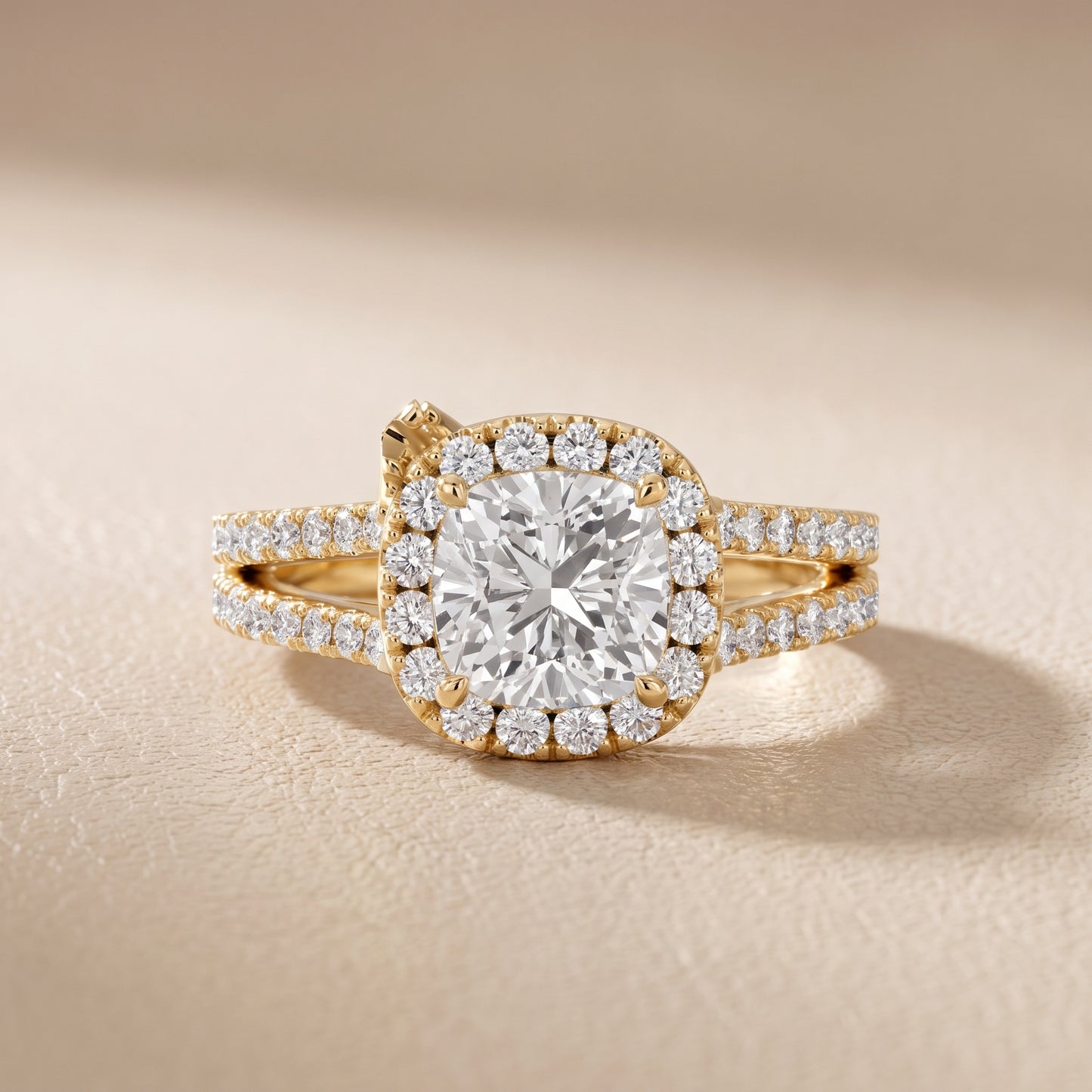 Kira Halo Split Shank Cushion Diamond Engagement Ring in Yellow Gold - front.jpg