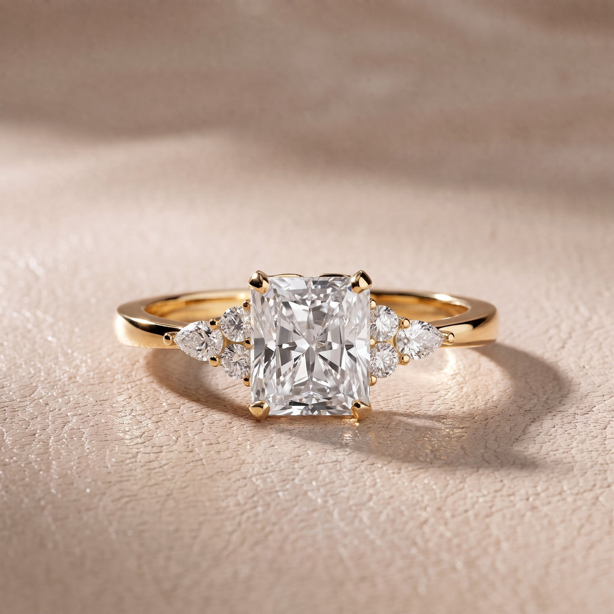 Amelia Three Stone Radiant Diamond Engagement Ring in Yellow Gold - front.jpg