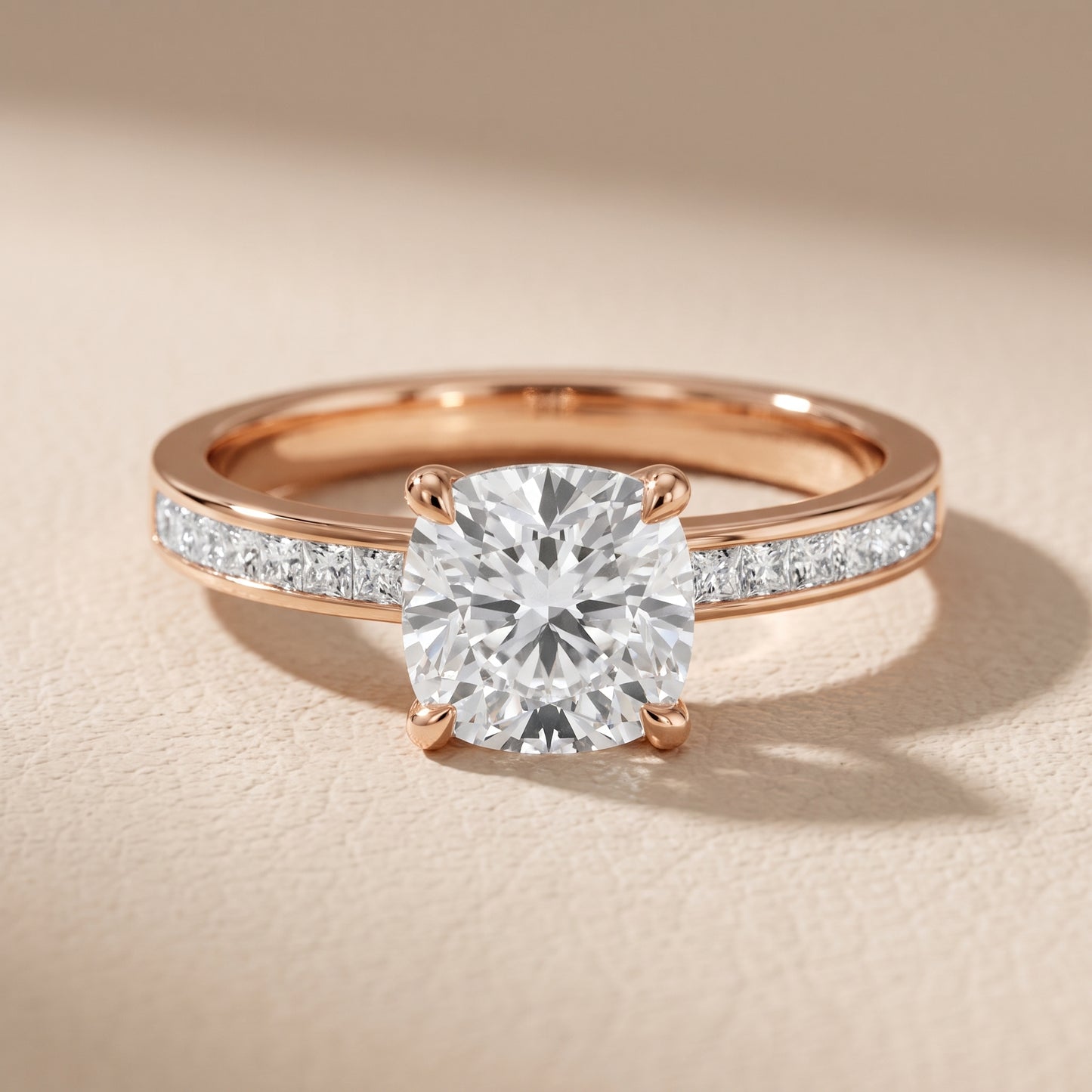 Maren Sidestone Channel Set Cushion Diamond Engagement Ring in Rose Gold - front.jpg