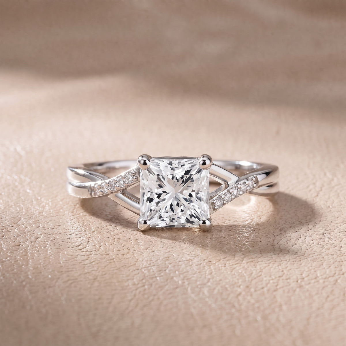 Veronica Twist Side Stone Princess Diamond Engagement Ring in White Gold - front.jpg
