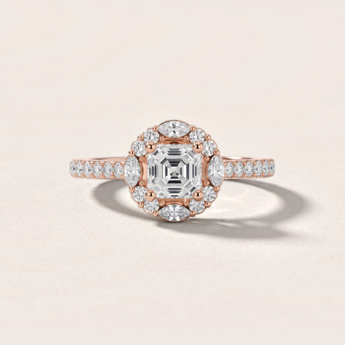 Edina Floral Halo Asscher Diamond Engagement Ring in Rose Gold - front.jpg
