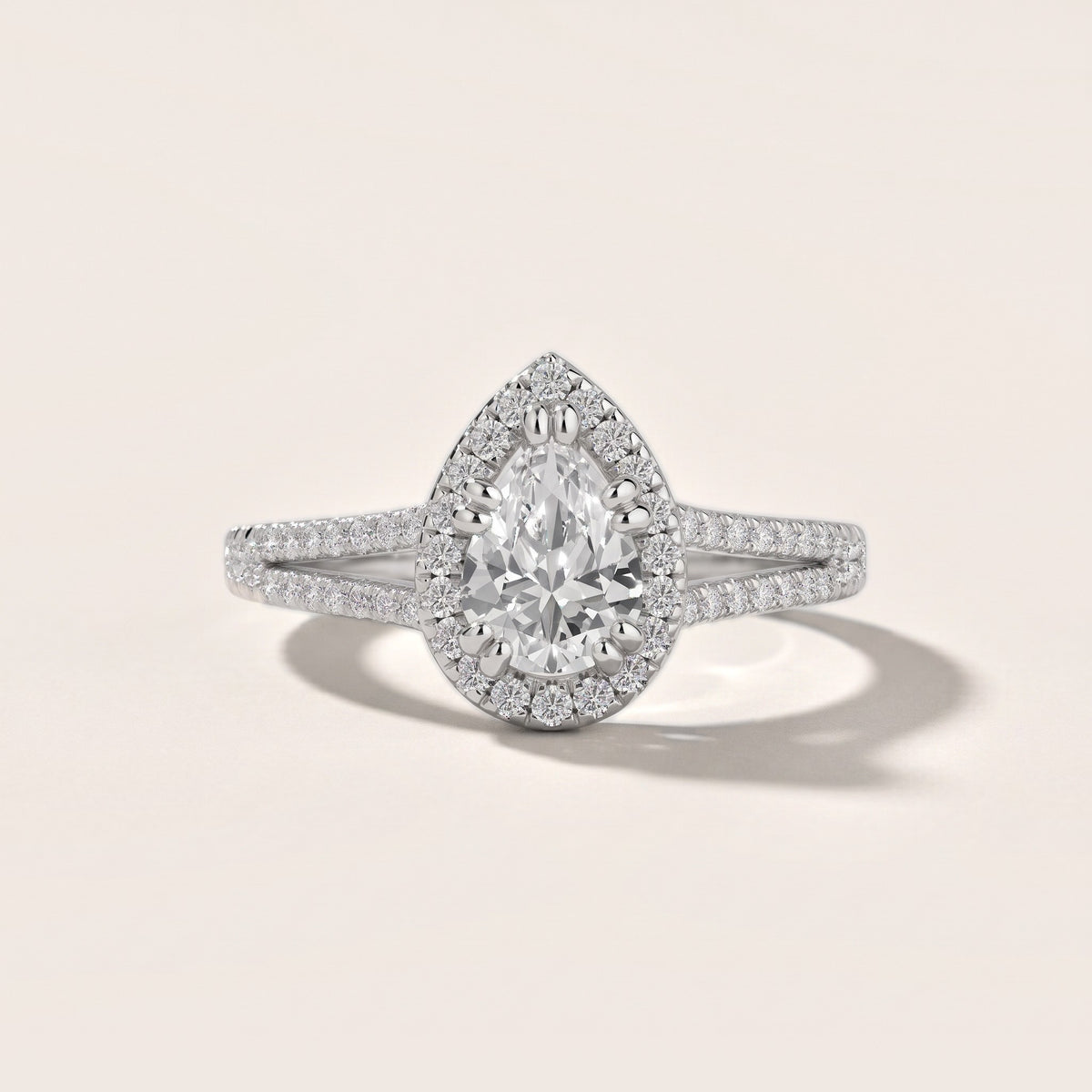 Dallas Halo Split Shank Pear Diamond Engagement Ring in Platinum - front.jpg