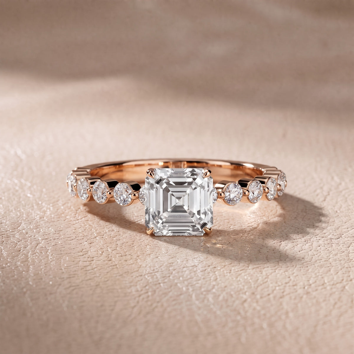 Eleanor Majesty Side Stone Asscher Diamond Engagement Ring in Rose Gold - front.jpg
