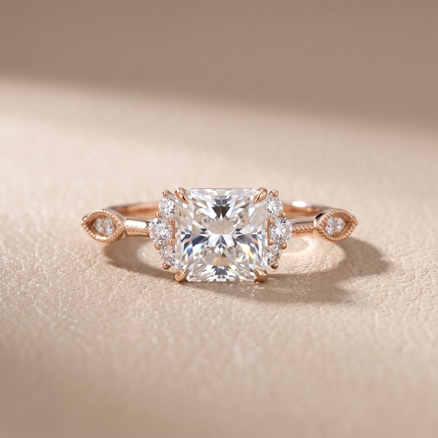 Naomi Vintage Milgrain Radiant Diamond Engagement Ring in Rose Gold - front.jpg