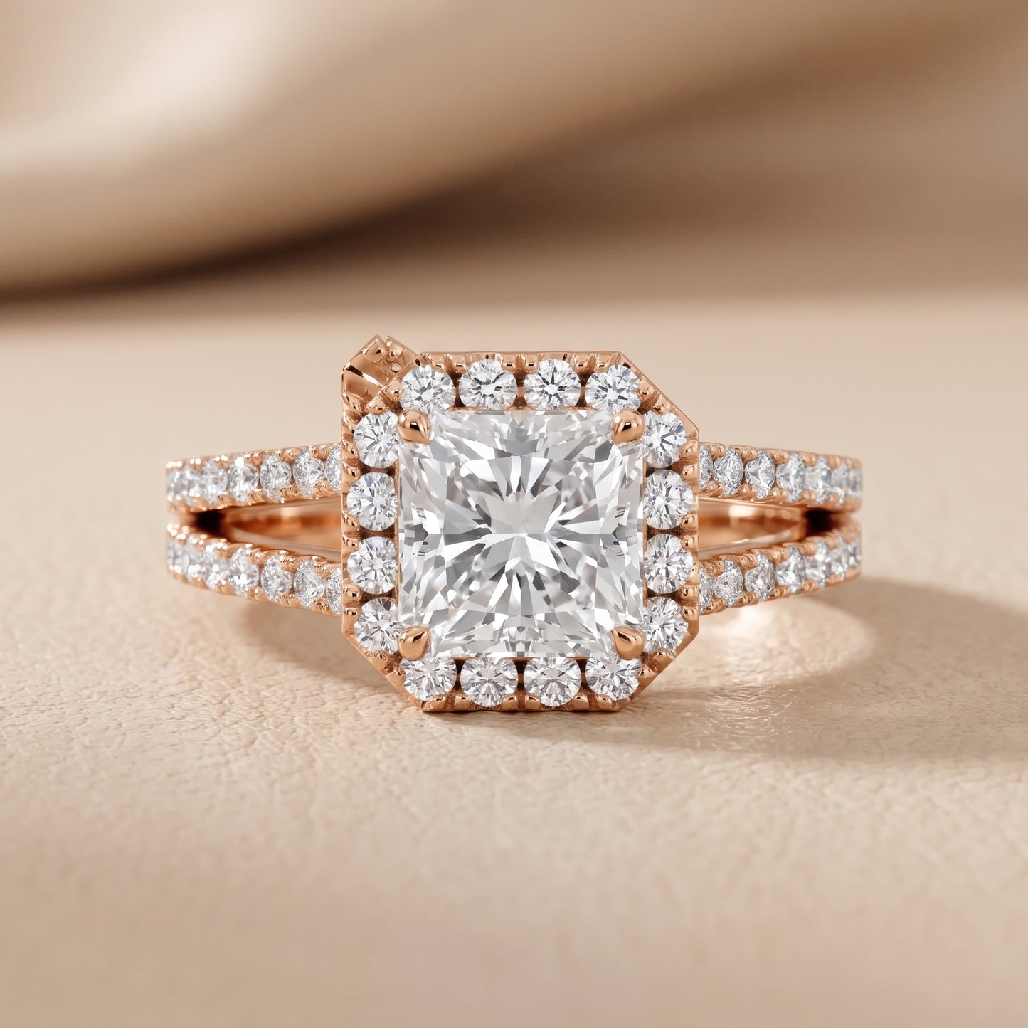 Kira Halo Split Shank Radiant Diamond Engagement Ring in Rose Gold - front.jpg