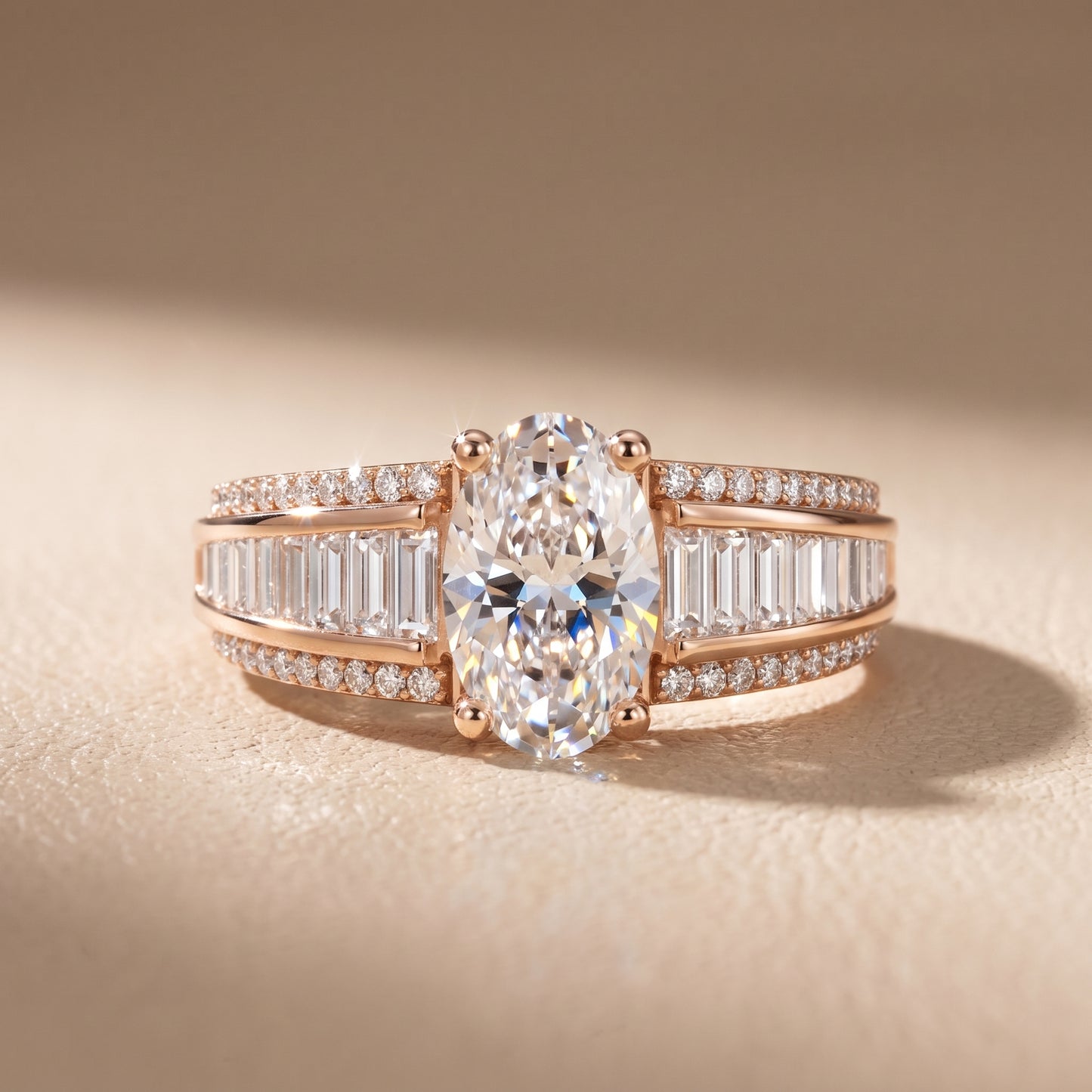 Halle Channel Set Baguette Accent Oval Diamond Engagement Ring in Rose Gold - front.jpg
