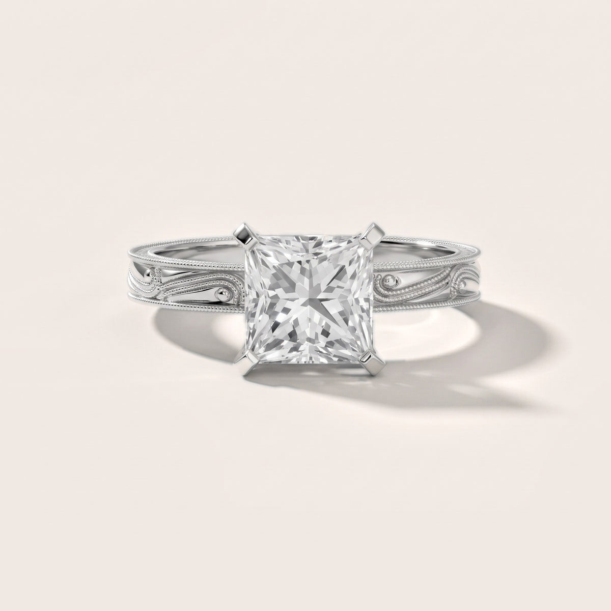 Abbie Engraved Solitaire Princess Diamond Engagement Ring in Silver - front.jpg