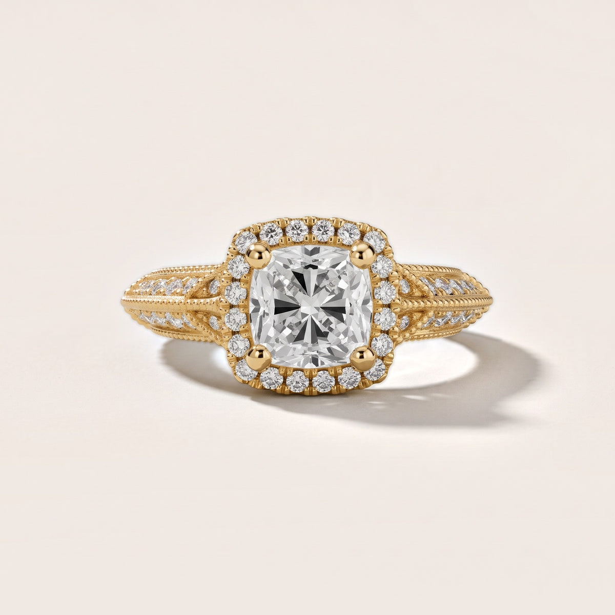 Logan Milgrain Halo Cushion Diamond Engagement Ring in Yellow Gold - front.jpg