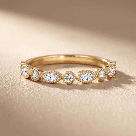 Celina Milgrain Bezel Marquise & Round Diamond Half Eternity Band in Yellow Gold - front.jpg