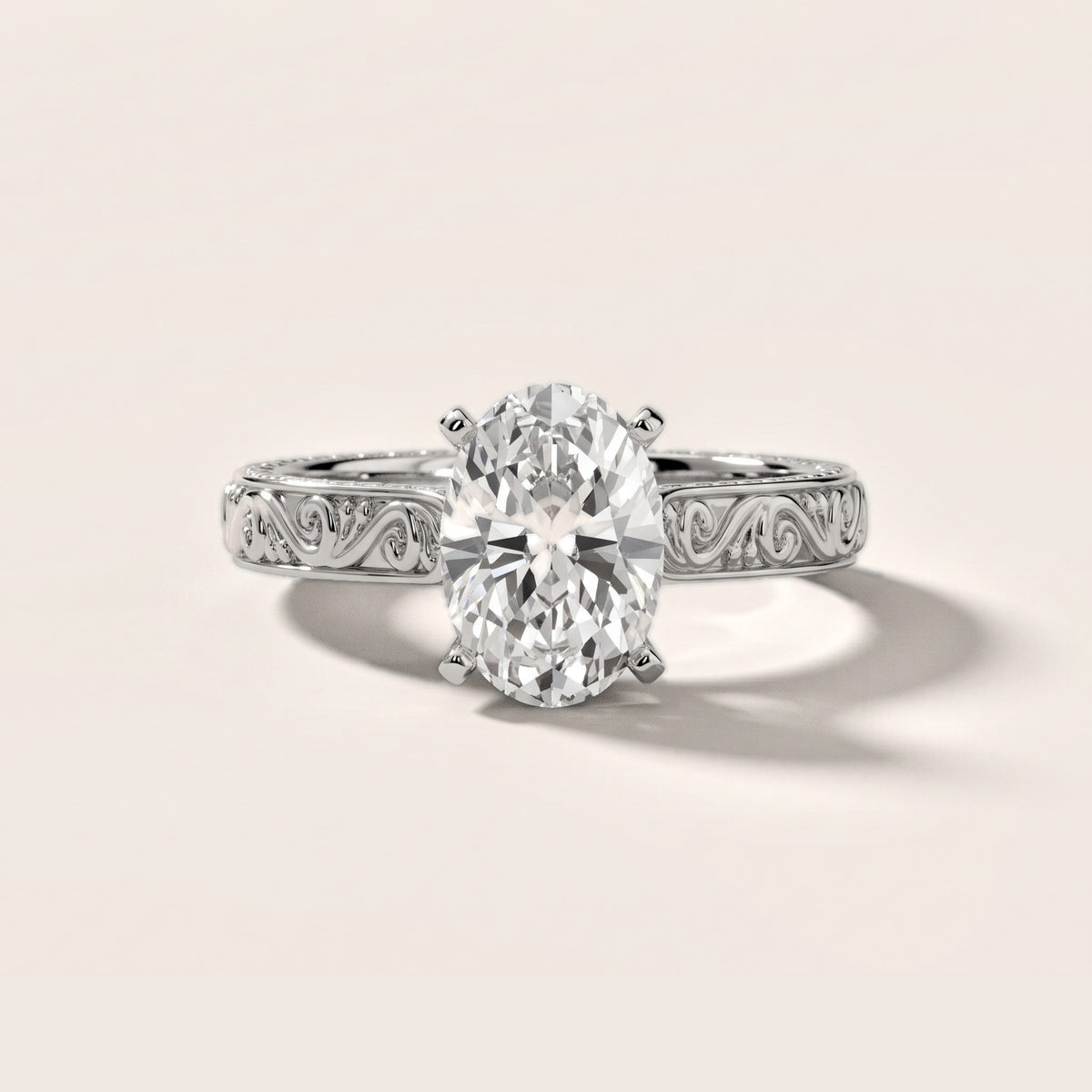 Fia Vintage Engraved Oval Diamond Engagement Ring in White Gold - front.jpg