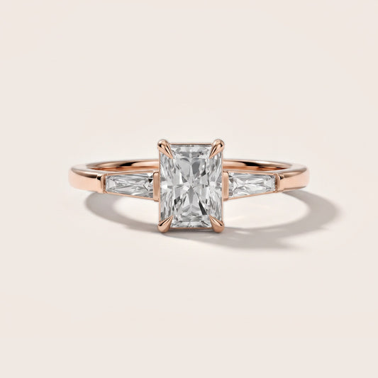 Winnie Three-Stone Radiant Diamond Engagement Ring in Rose Gold