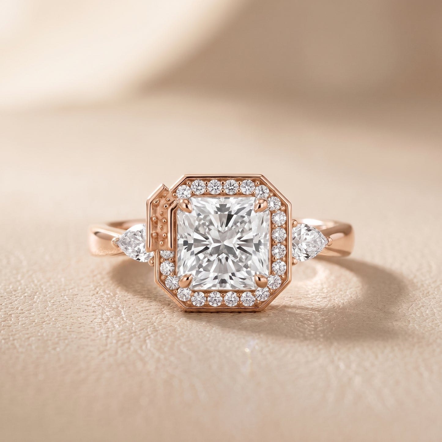 Eliza Halo Sidestone Radiant Diamond Engagement Ring in Rose Gold - front.jpg