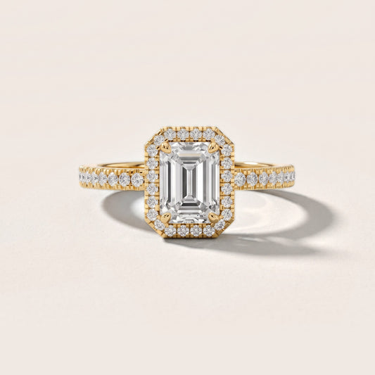 Rosemary Halo Pavé Emerald Diamond Engagement Ring in Yellow Gold