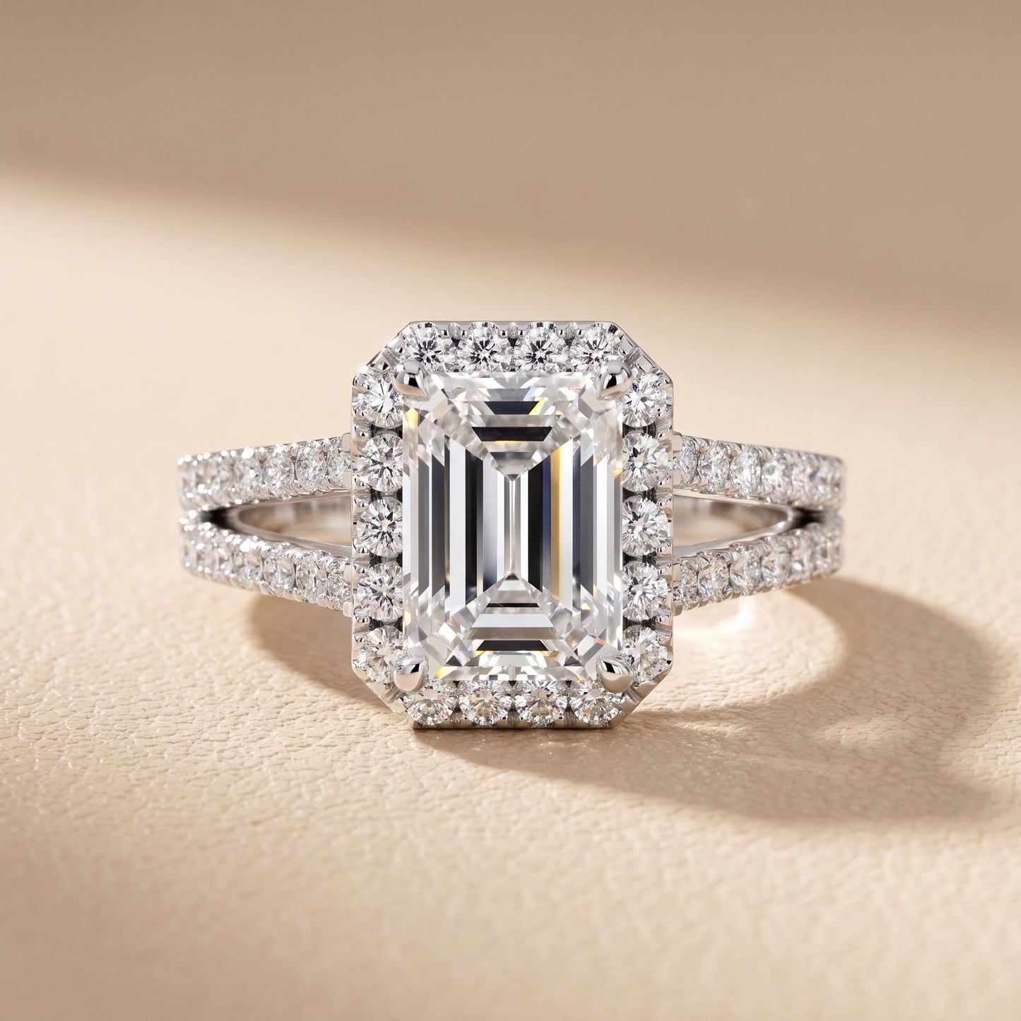 Kira Halo Split Shank Emerald Diamond Engagement Ring in Silver - front.jpg