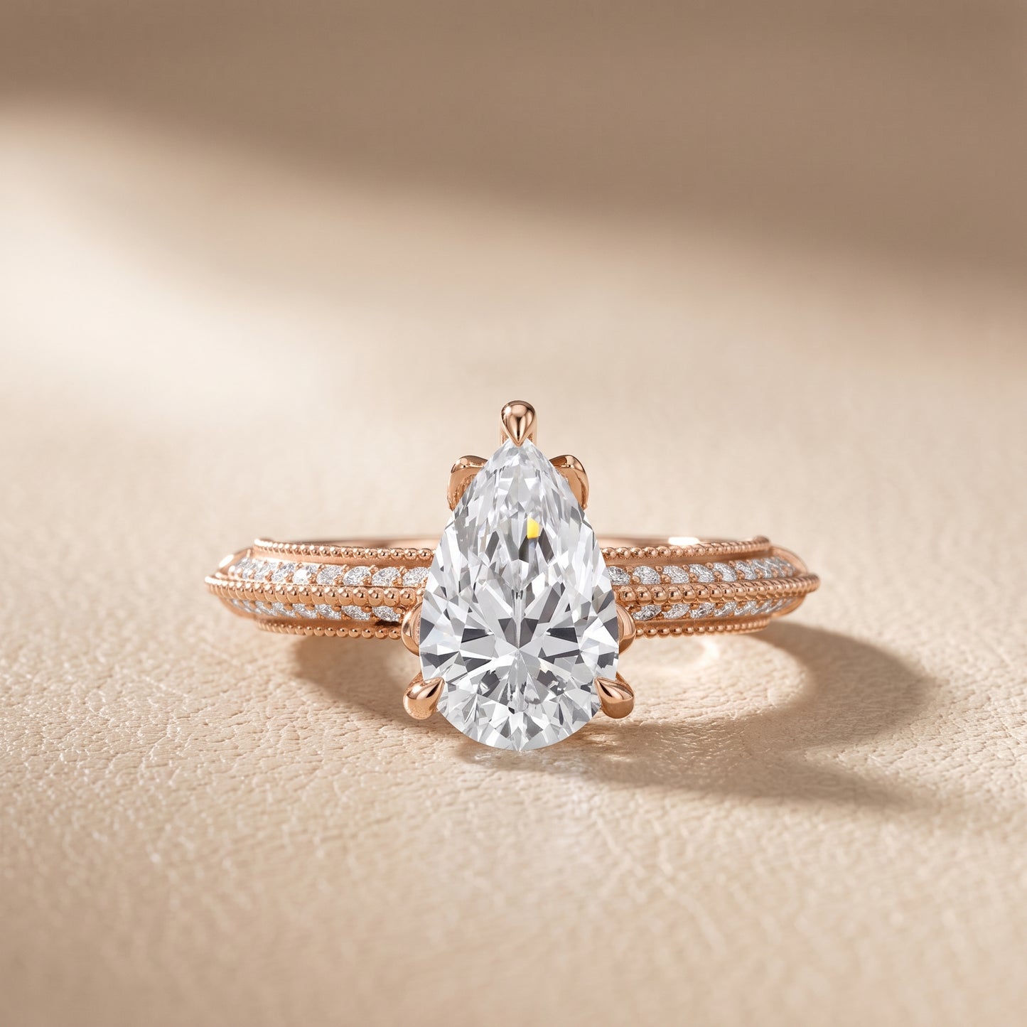 Indie Vintage Milgrain Pear Diamond Engagement Ring in Rose Gold - front.jpg