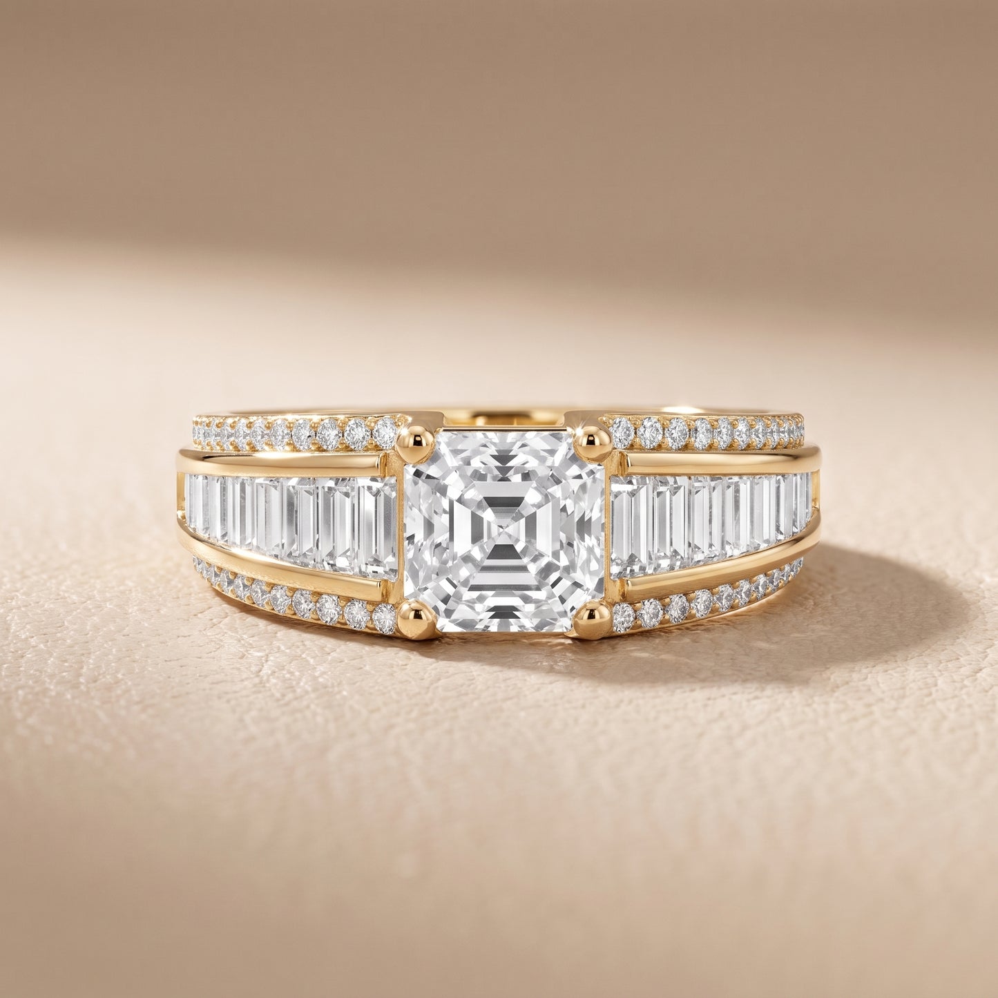 Halle Channel Set Baguette Accent Asscher Diamond Engagement Ring in Yellow Gold - front.jpg