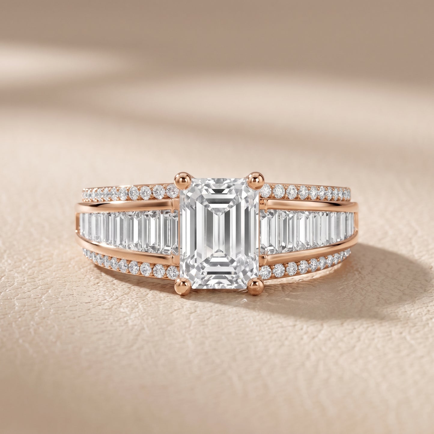 Halle Channel Set Baguette Accent Emerald Diamond Engagement Ring in Rose Gold - front.jpg