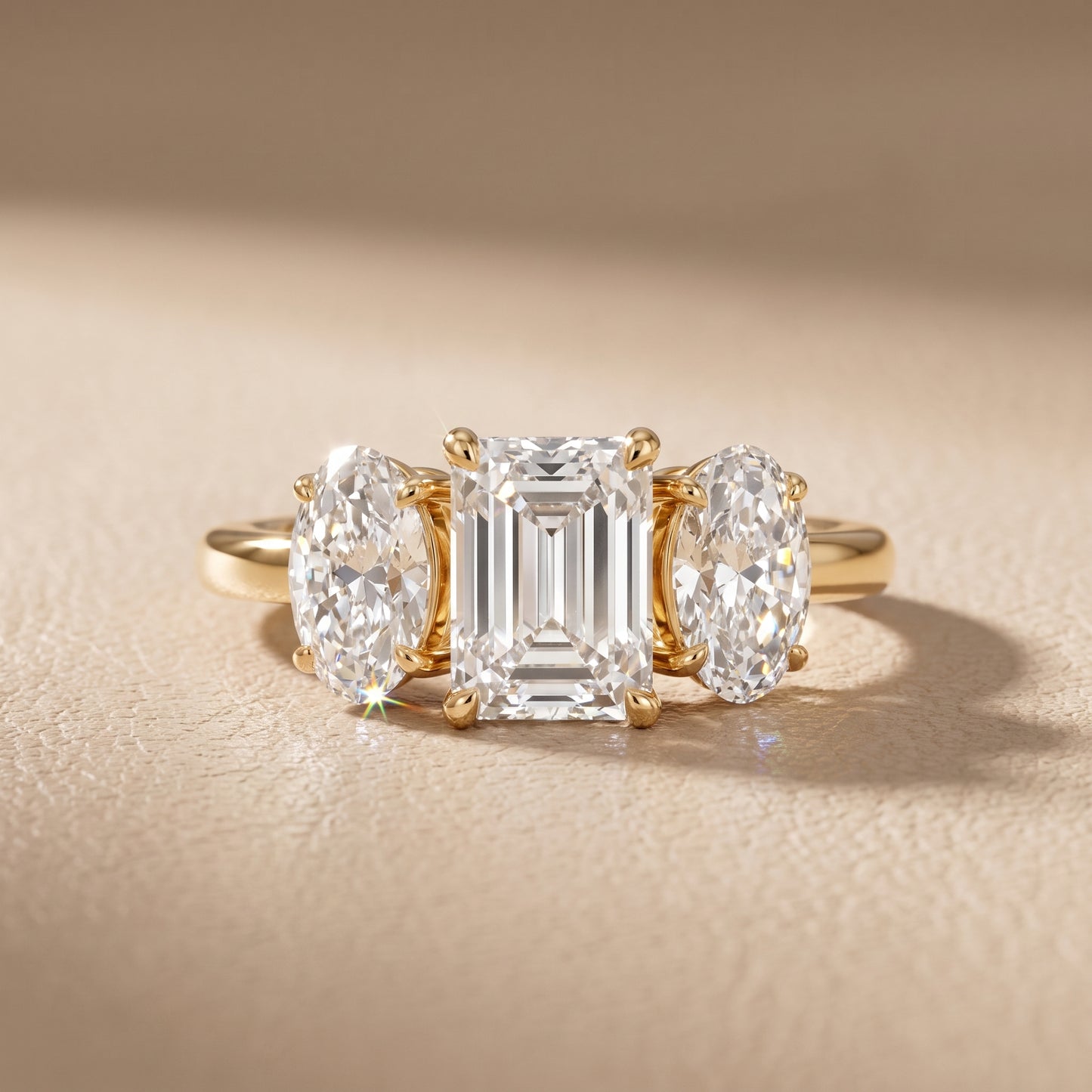 Lila Three-Stone Emerald Diamond Ring in Yellow Gold - front.jpg