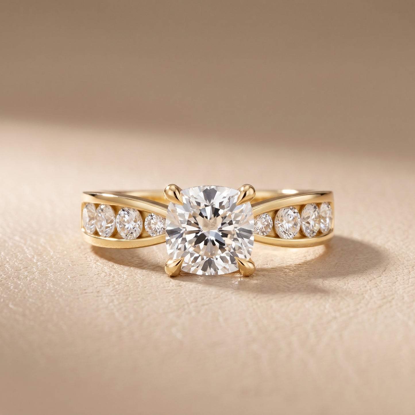 Noor Channel Set Sidestone Cushion Diamond Engagement Ring in Yellow Gold - front.jpg