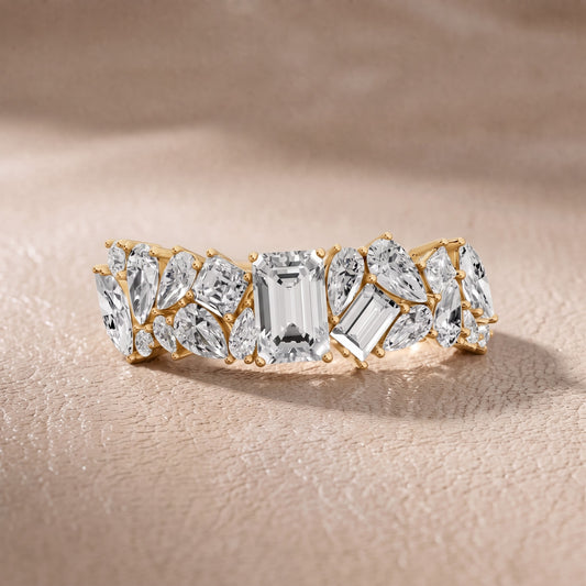 Louisa Cluster Emerald & Pear Diamond Anniversary Ring in Yellow Gold - front.jpg