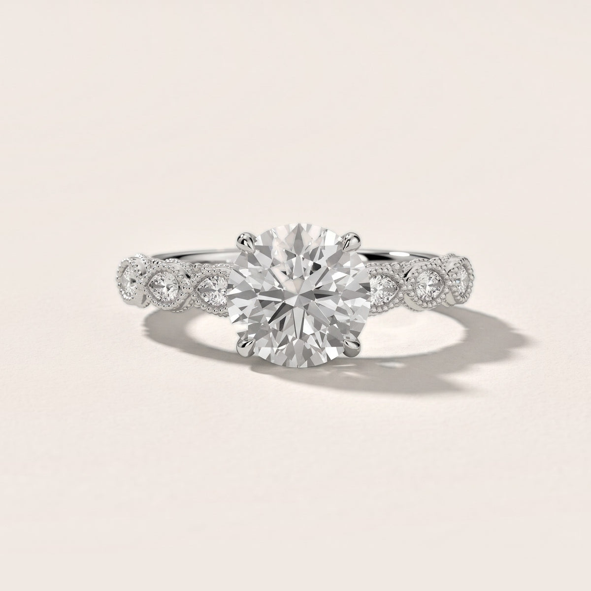 Freya Milgrain Leaf Round Diamond Engagement Ring in Silver - front.jpg