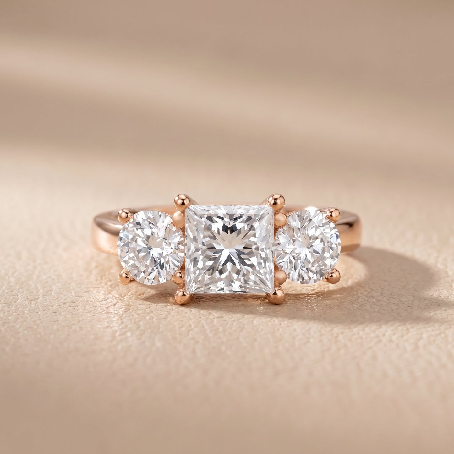 Callie Three-Stone Trellis Princess Diamond Engagement Ring in Rose Gold - front.jpg