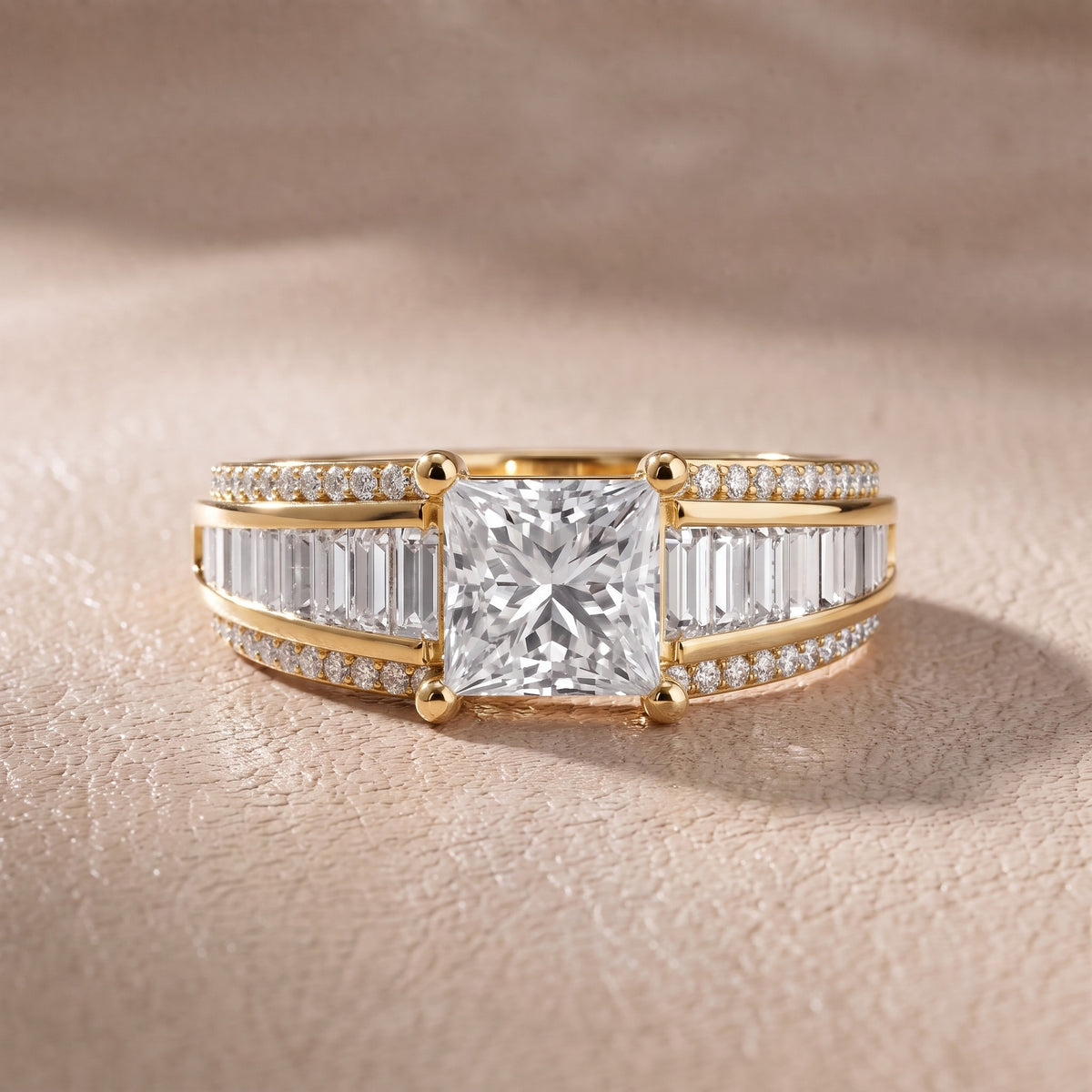Tara Channel Set Baguette Accent Princess Diamond Engagement Ring in Yellow Gold - front.jpg