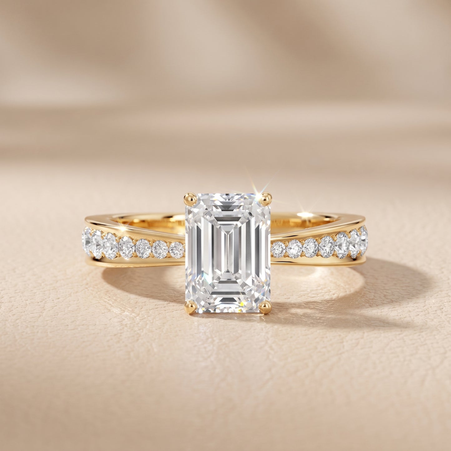 Rhea Sidestone Pavé Emerald Diamond Engagement Ring in Yellow Gold - front.jpg