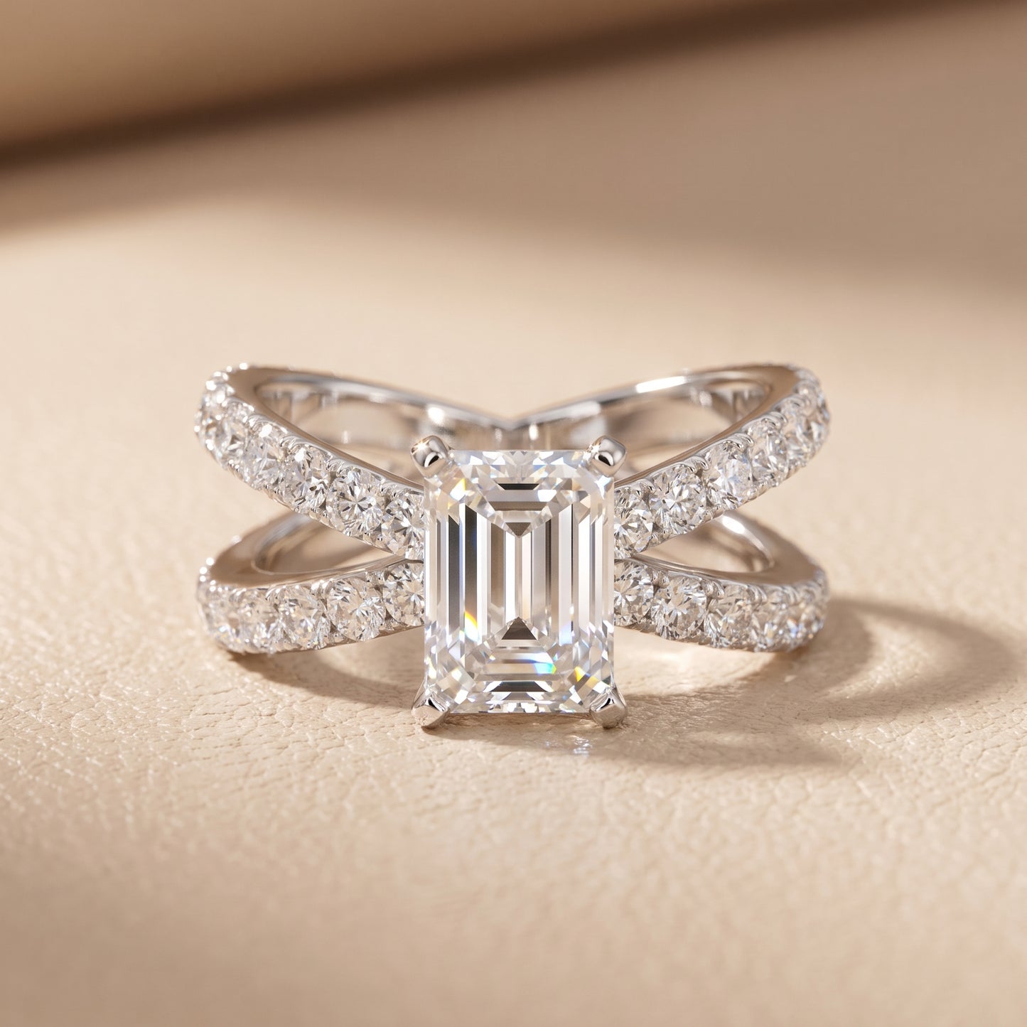 Lior Criss Cross Pavé Emerald Diamond Engagement Ring in Silver - front.jpg