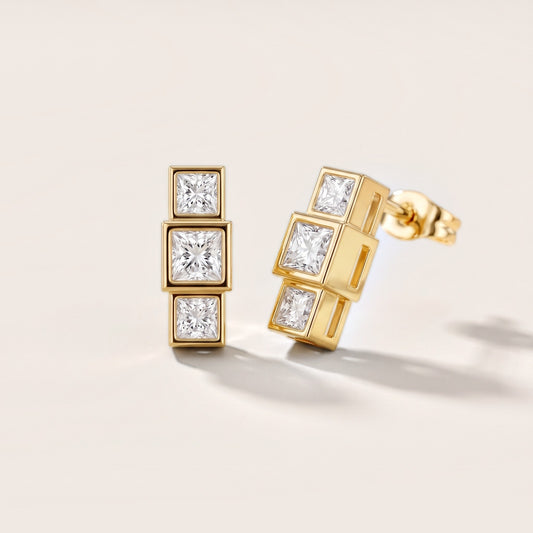 Crest Three-Stone Princess Diamond Earrings in Yellow Gold [studio-20261024]