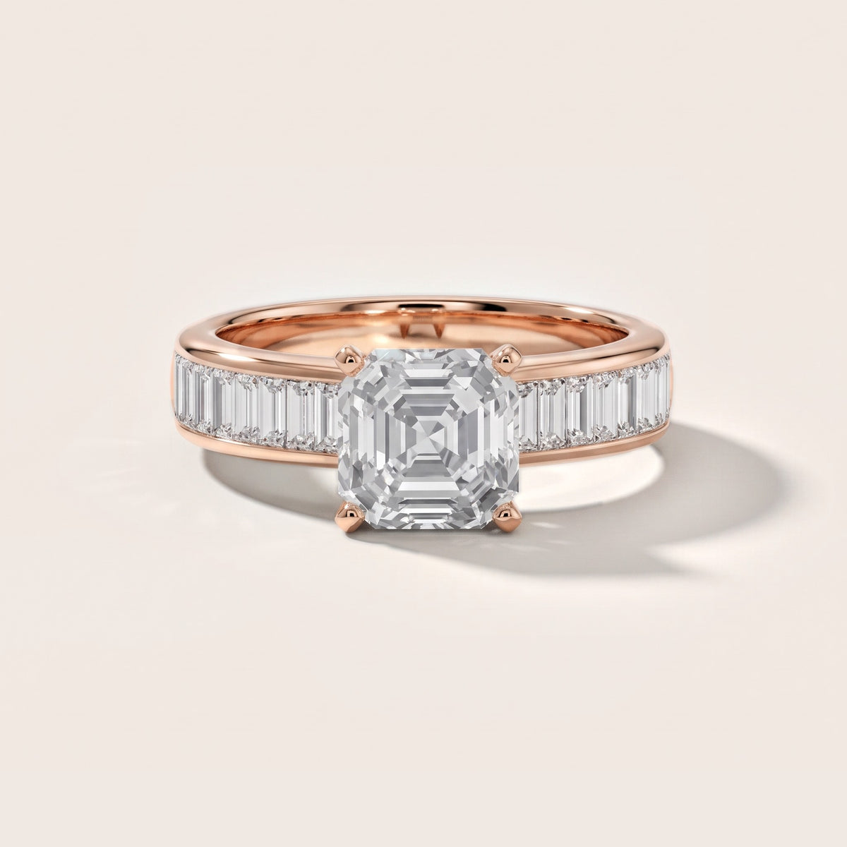 Malibu Wide Band Baguette Asscher Diamond Engagement Ring in Rose Gold - front.jpg