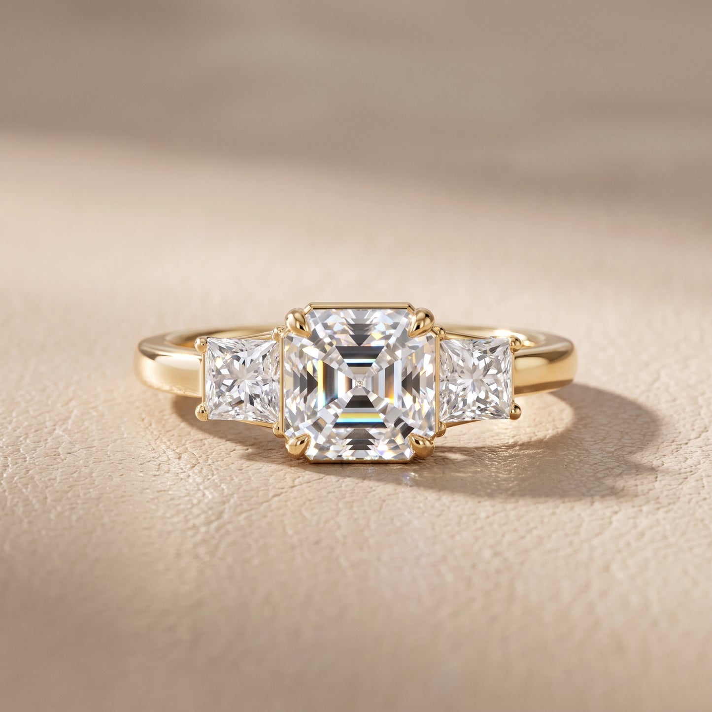 Selena Three-Stone Basket Asscher Diamond Ring in Yellow Gold - front.jpg