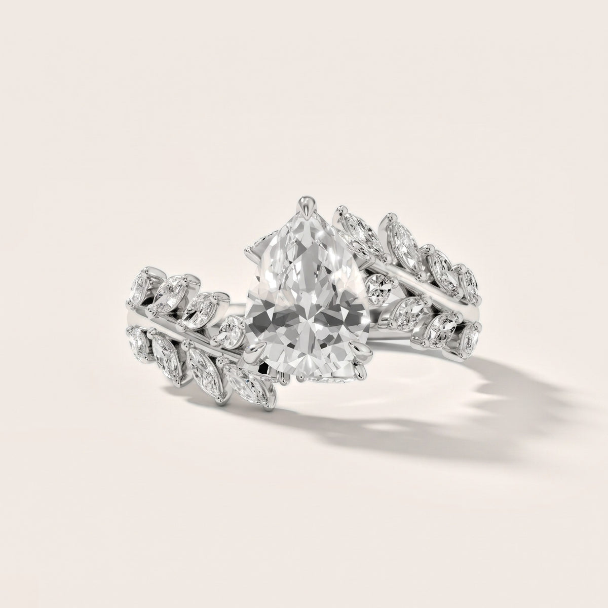 Clarion Leaf Bypass Pear Diamond Engagement Ring in Silver - front.jpg