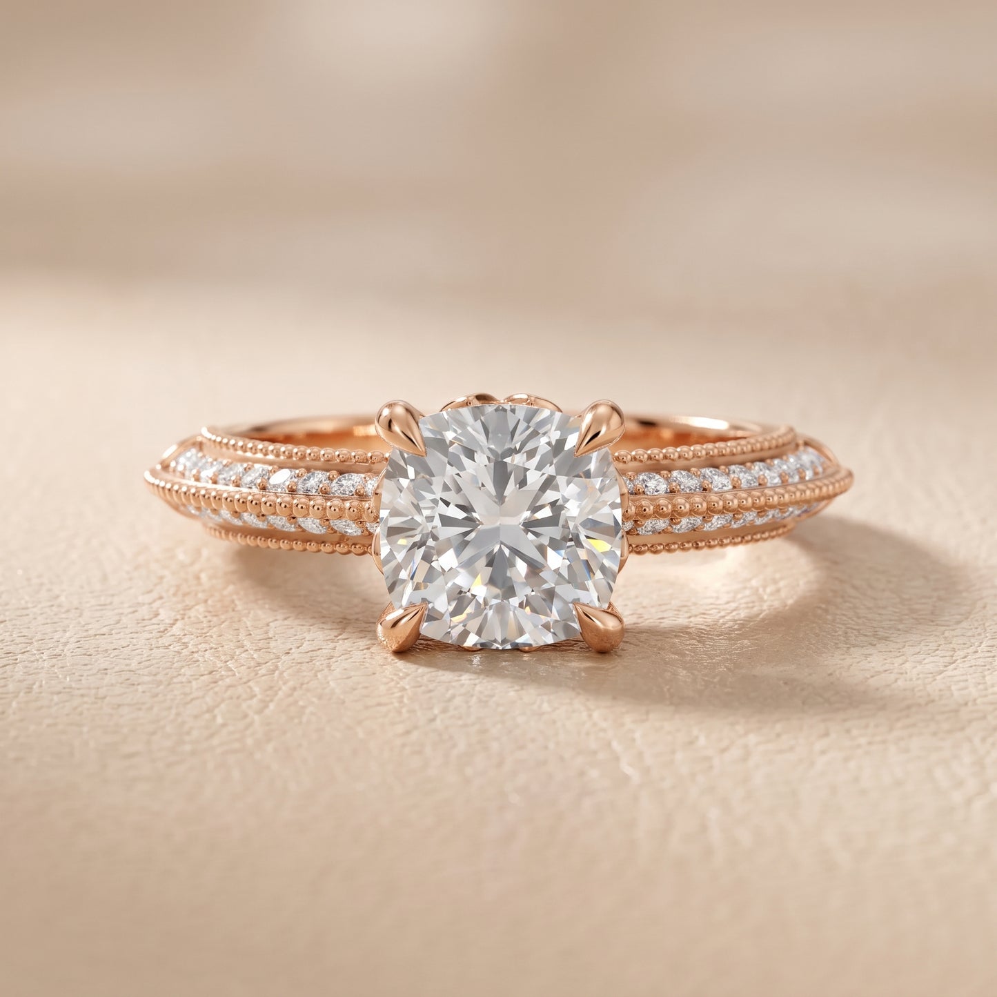 Indie Vintage Milgrain Cushion Diamond Engagement Ring in Rose Gold - front.jpg