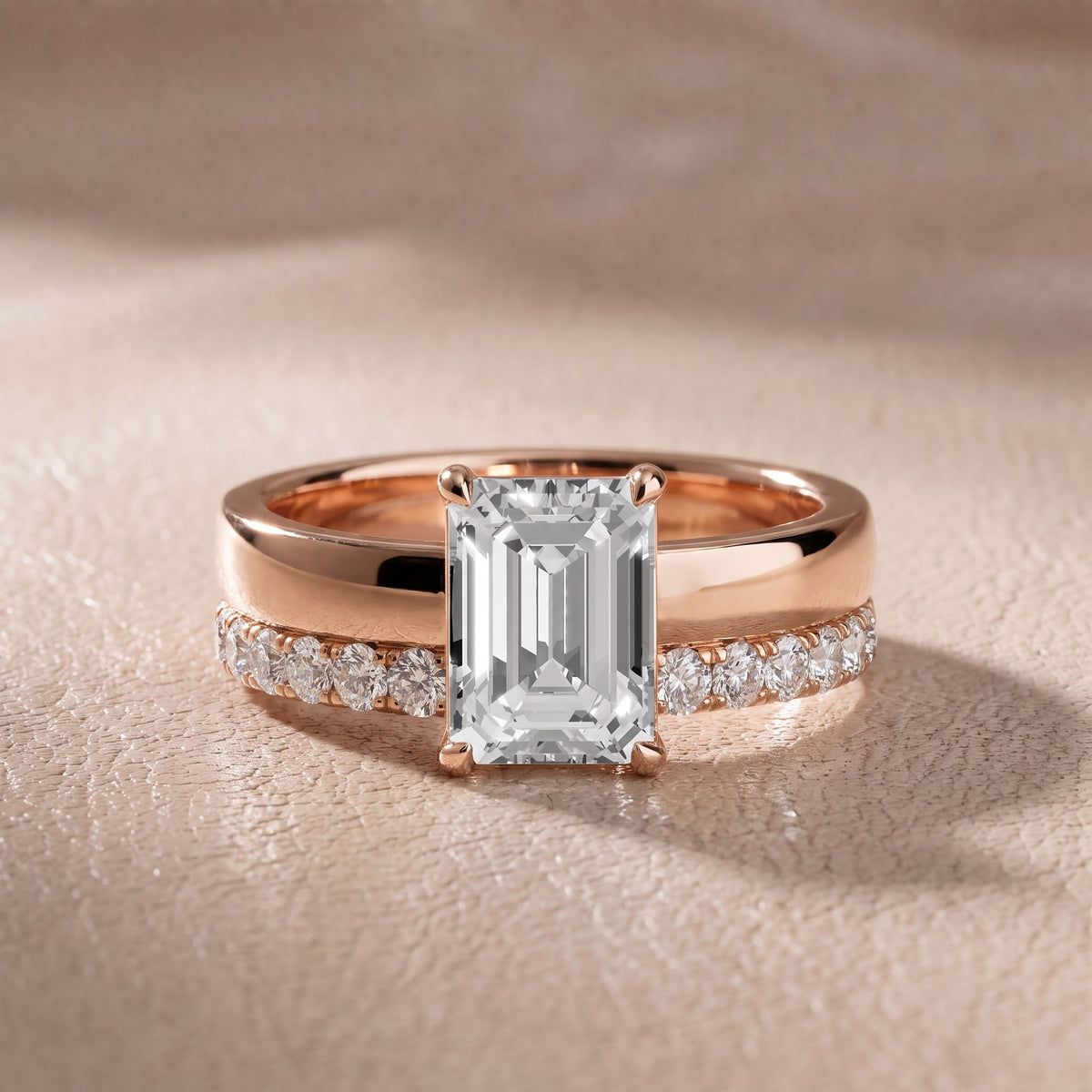 Josephine Split Shank Pavé Emerald Diamond Engagement Ring in Rose Gold - front.jpg
