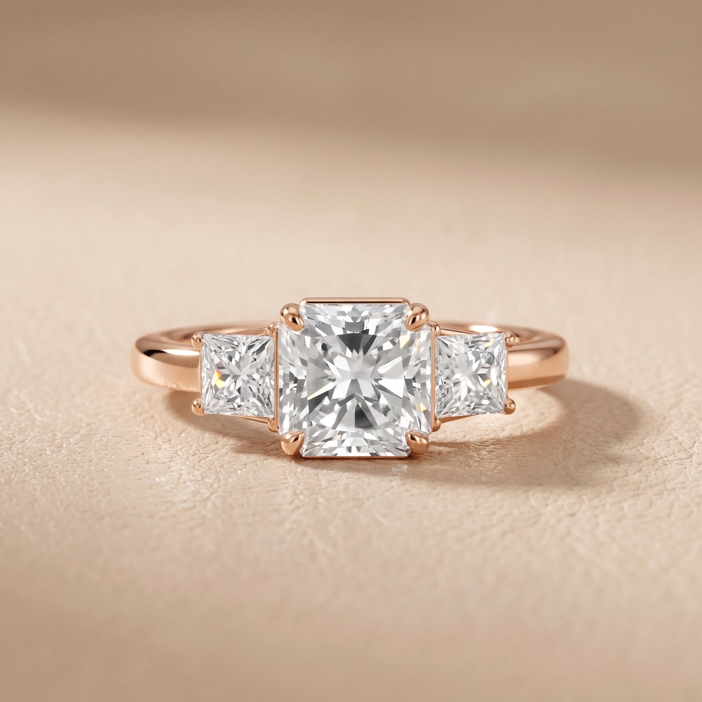 Selena Three-Stone Basket Radiant Diamond Ring in Rose Gold - front.jpg