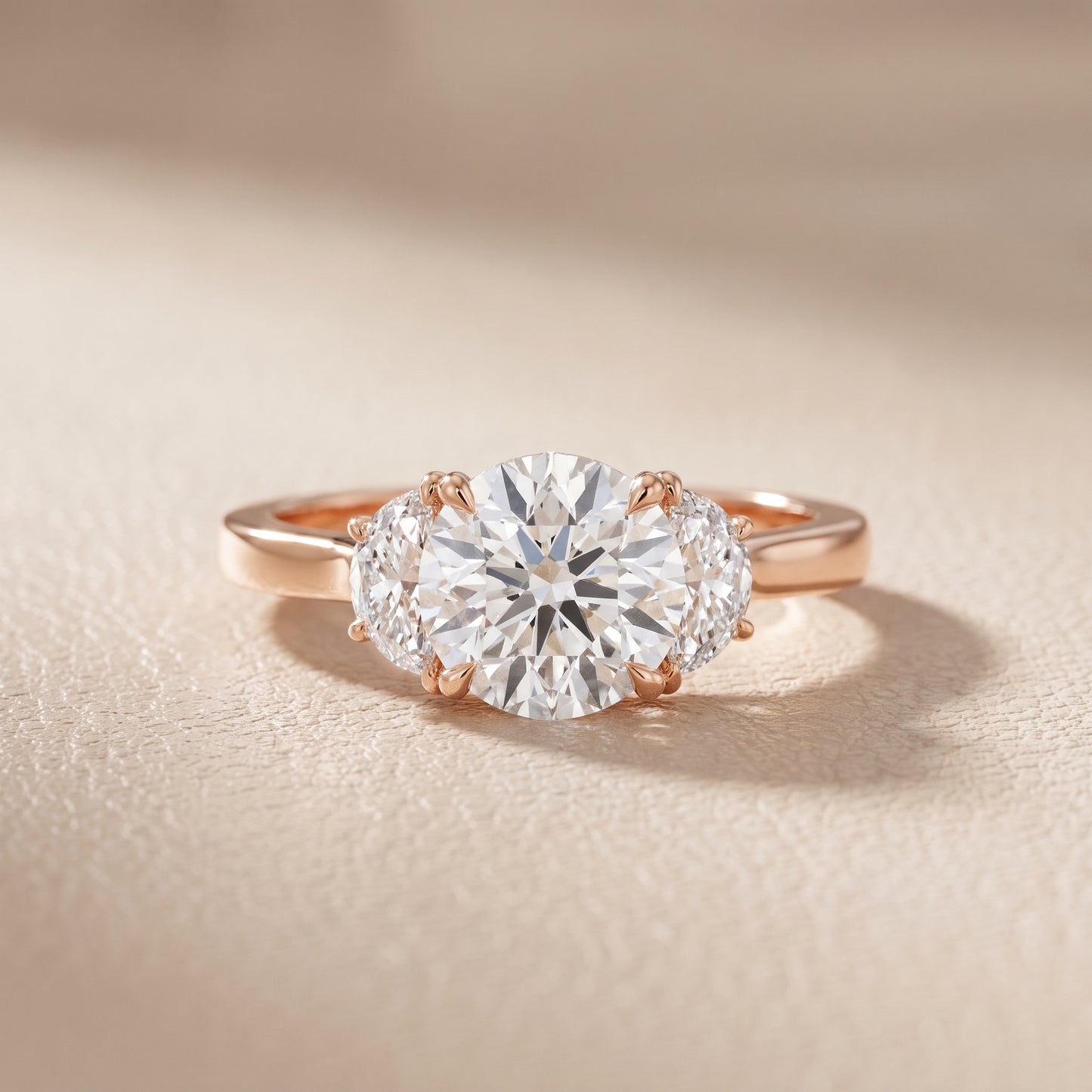 Romy Three-Stone Round Diamond Engagement Ring in Rose Gold - front.jpg