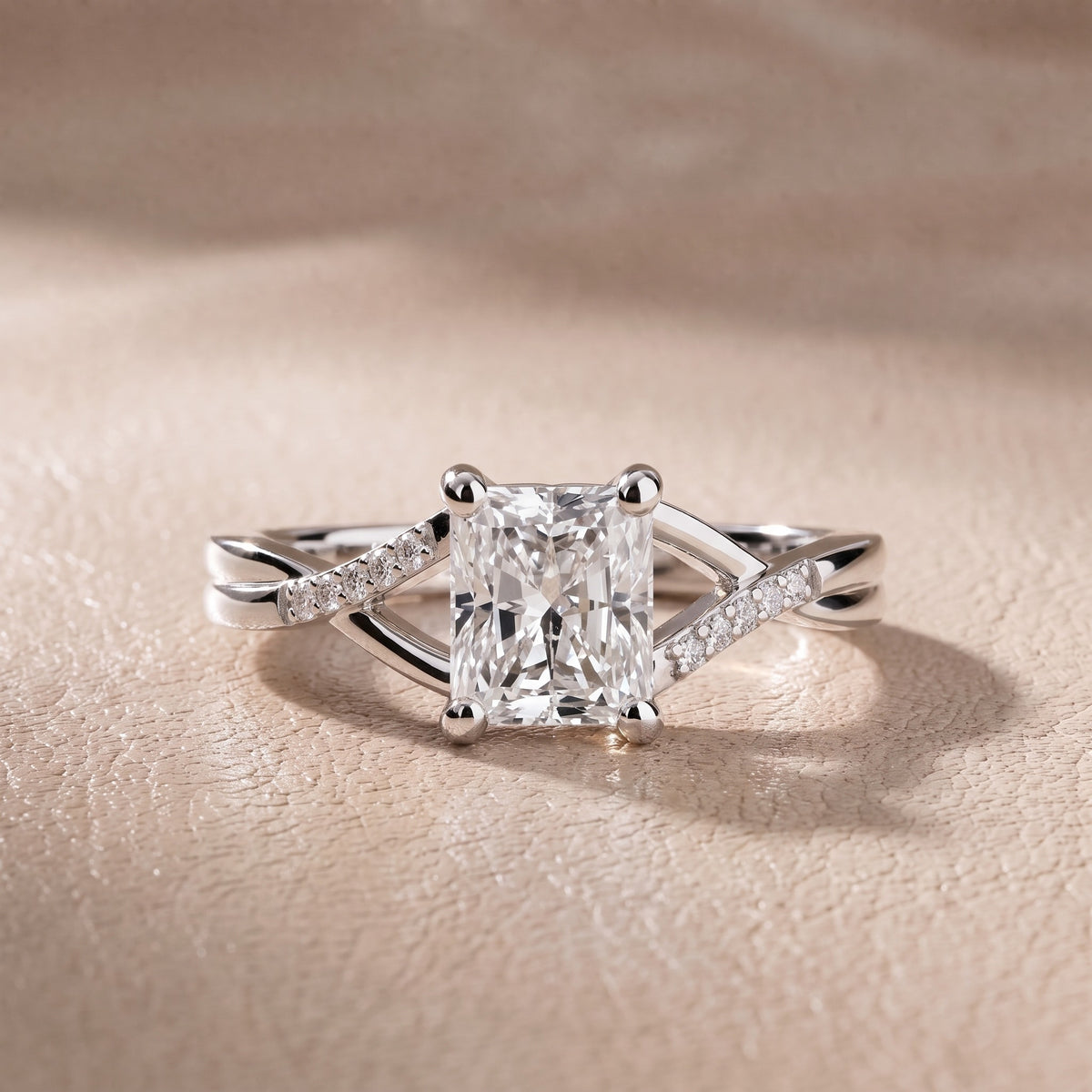 Veronica Twist Side Stone Radiant Diamond Engagement Ring in Platinum - front.jpg