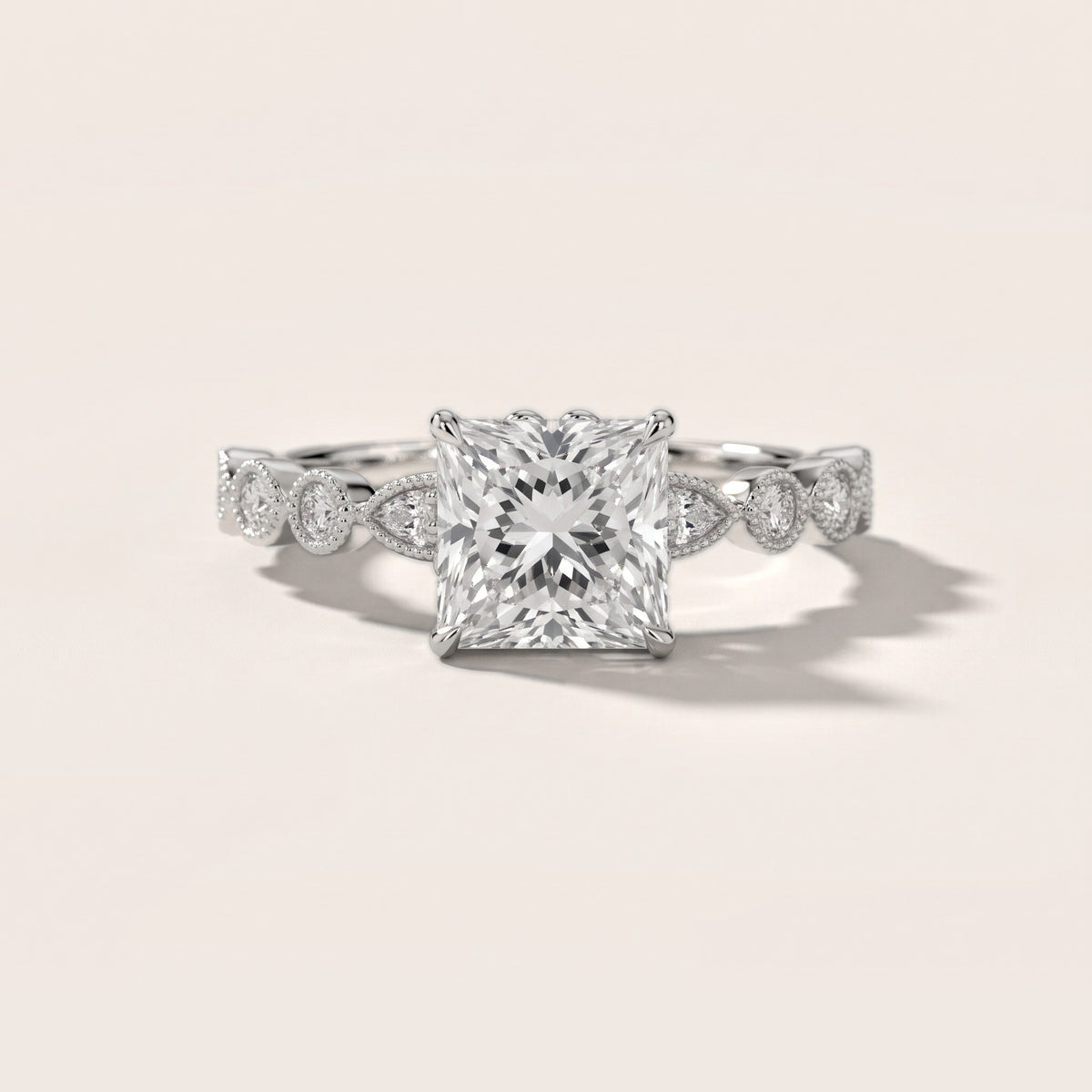Lena Milgrain Leaf Princess Diamond Engagement Ring in Platinum - front.jpg
