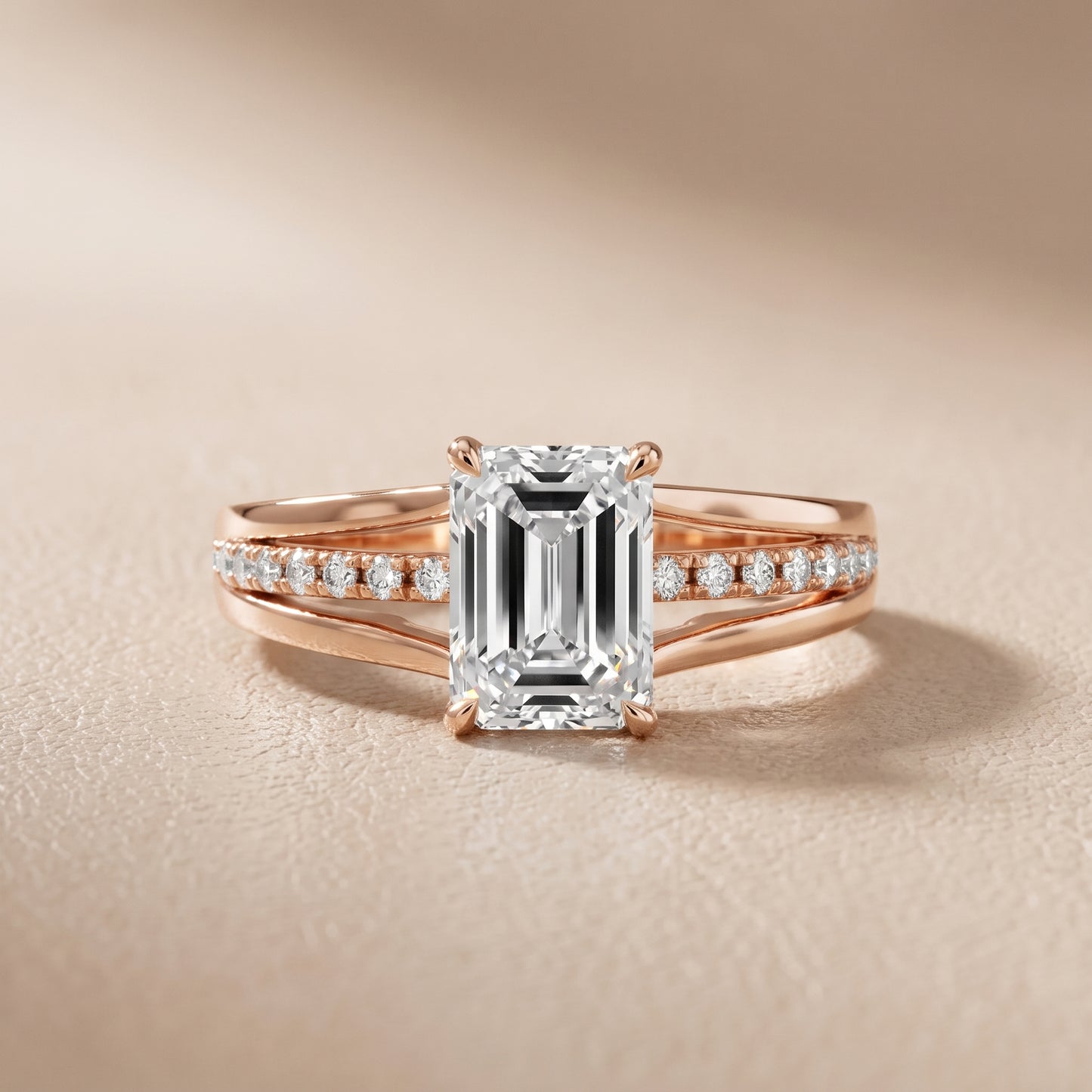 Scarlett Split Shank Pavé Emerald Diamond Ring in Rose Gold - front.jpg