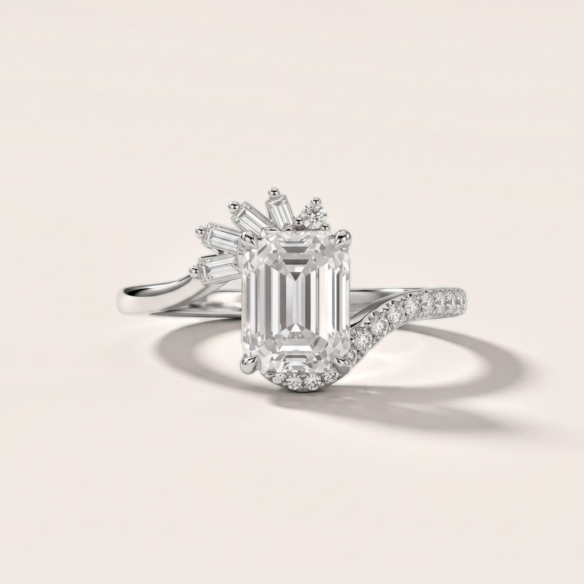 Erin Sunburst Bypass Emerald Diamond Engagement Ring in White Gold - front.jpg