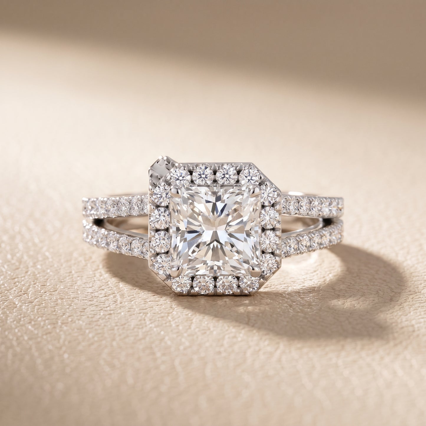 Kira Halo Split Shank Radiant Diamond Engagement Ring in Silver - front.jpg