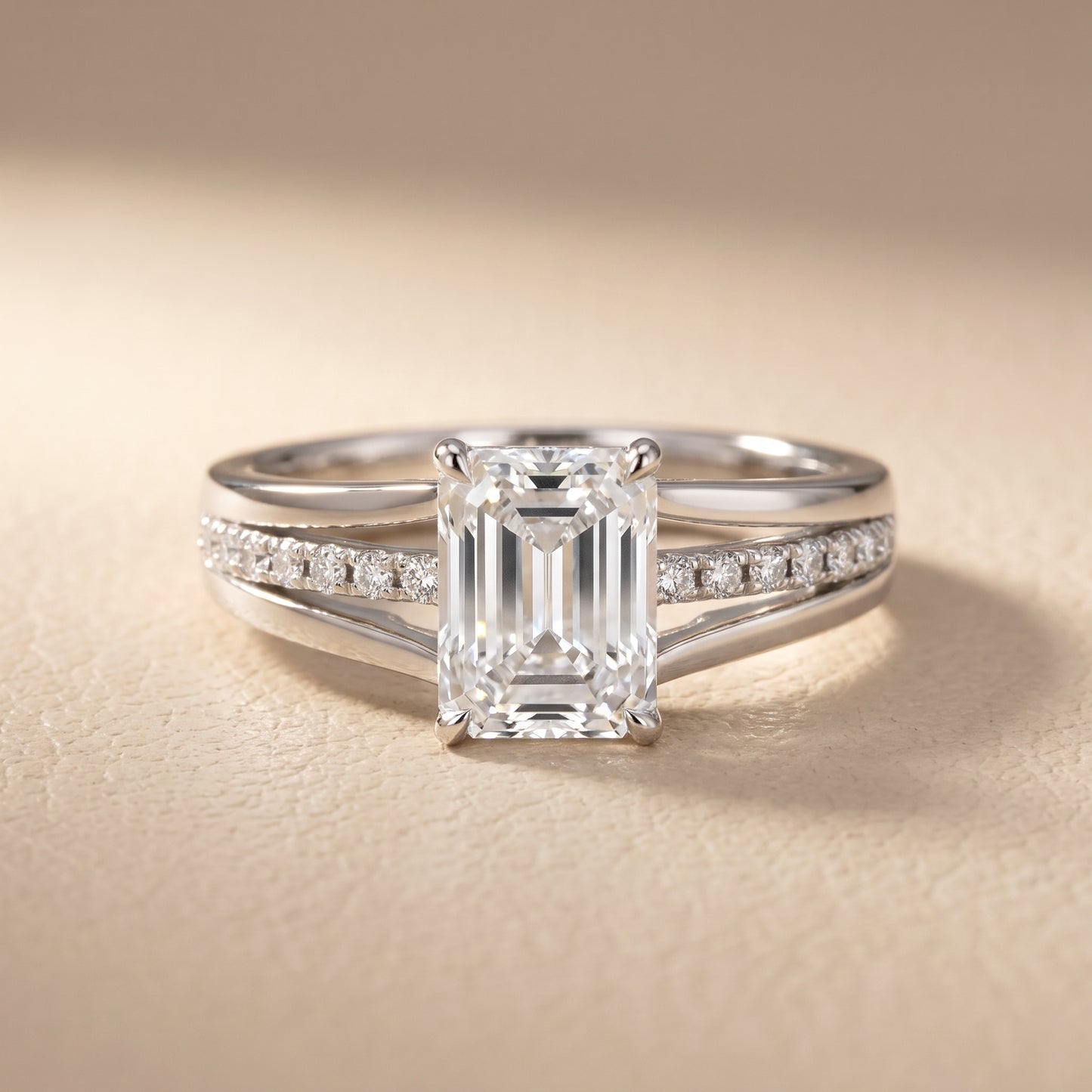 Scarlett Split Shank Pavé Emerald Diamond Ring in Platinum - front.jpg