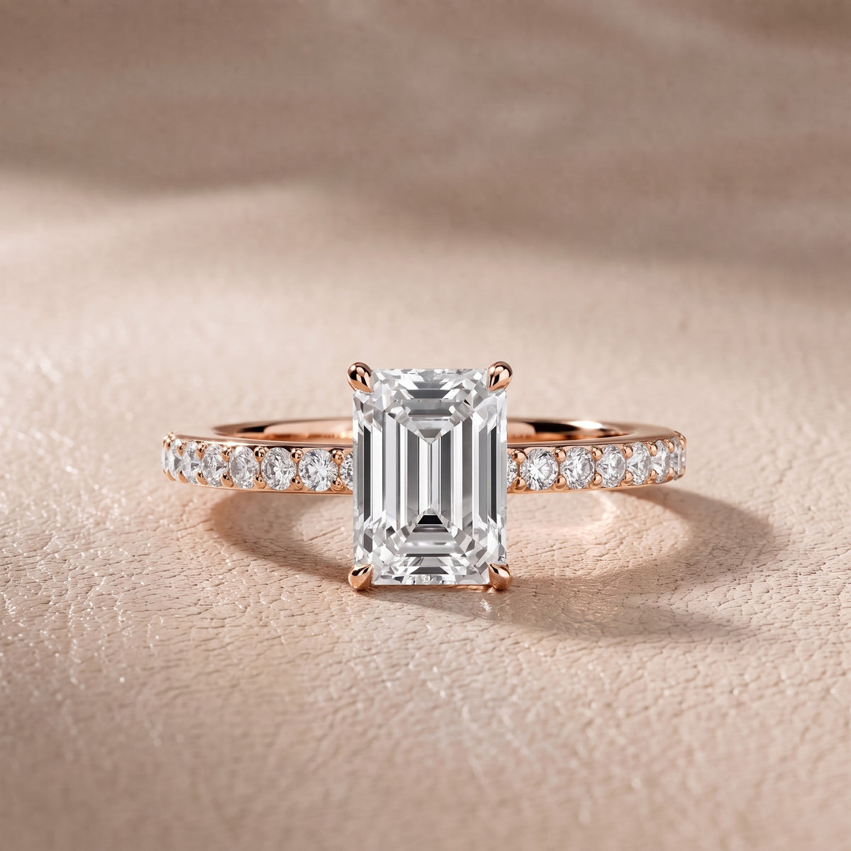 Annabel Pavé Solitaire Emerald Diamond Engagement Ring in Rose Gold - front.jpg