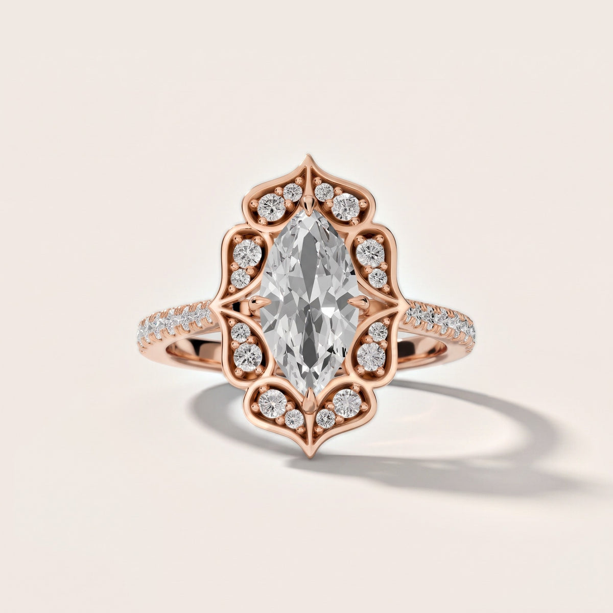 Caitlin Floral Halo Marquise Diamond Engagement Ring in Rose Gold - front.jpg