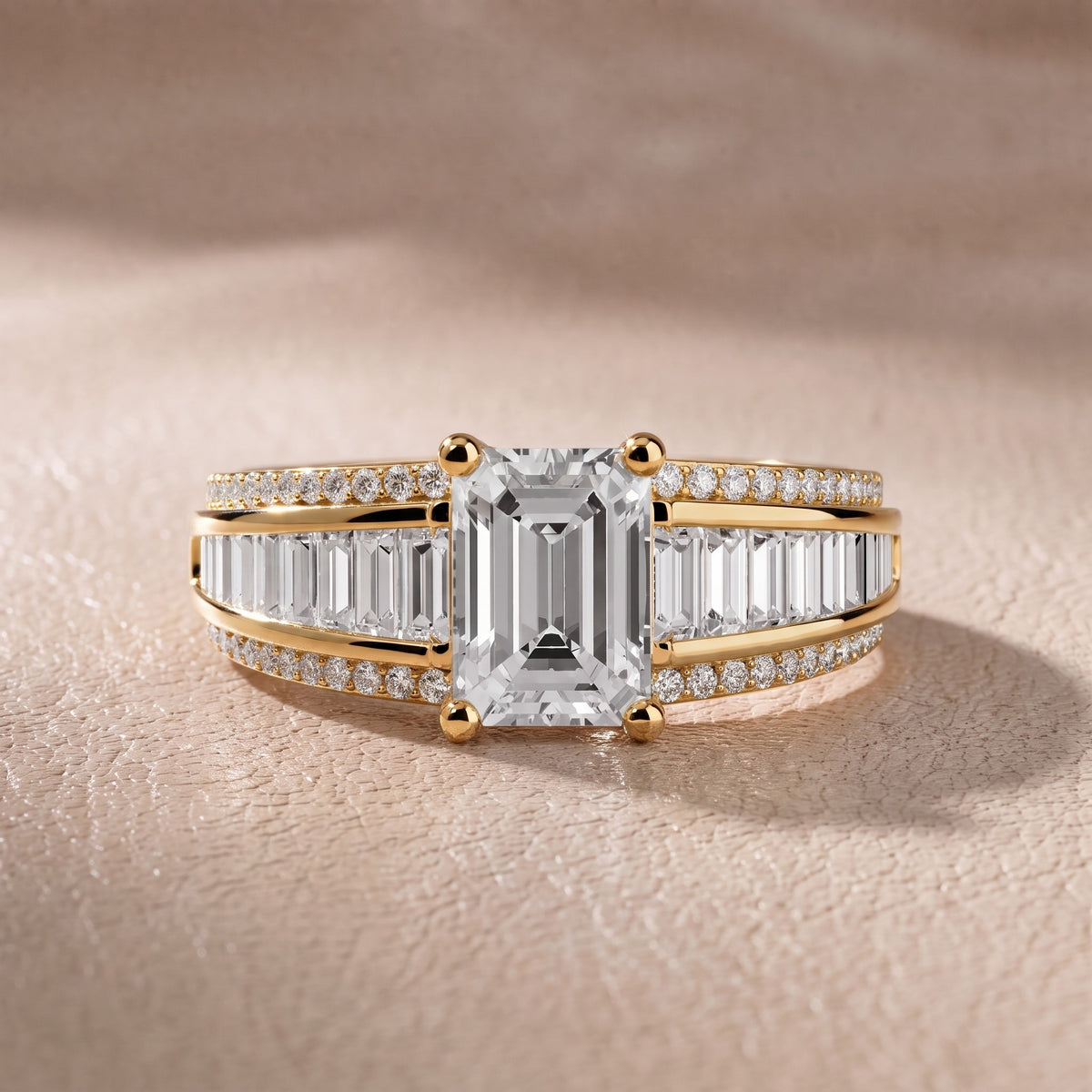 Tara Channel Set Baguette Accent Emerald Diamond Engagement Ring in Yellow Gold - front.jpg